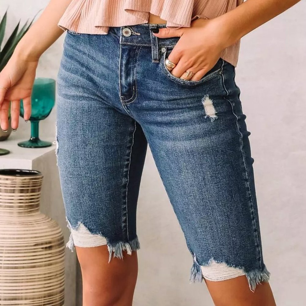 KanCan Medium Wash Distressed Denim Bermuda Shorts - Blue
